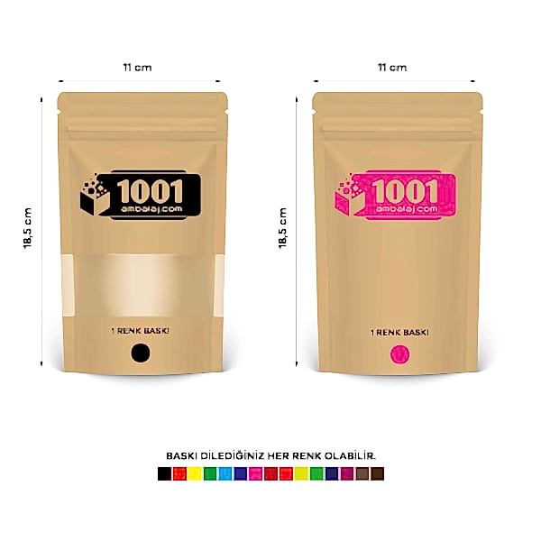11X18,5 Cm 2 Baskılı Kraft Renkli Pencereli İki Taraf Tek Renk Doypack Torba 100 Gr /38/