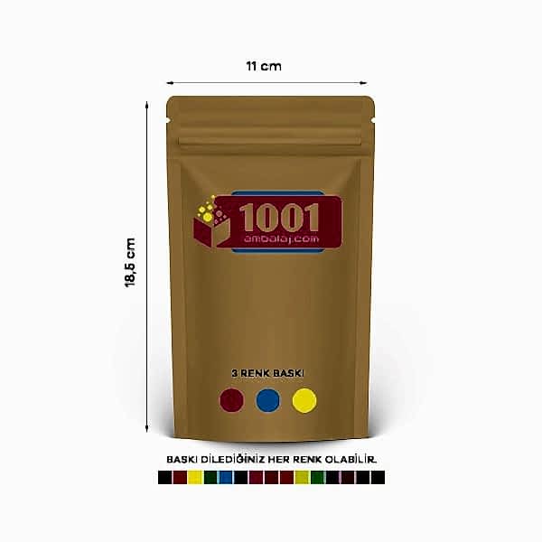 11X18,5 Cm 3 Baskılı Kraft Renkli Tek Taraf Üç Renk Doypack Torba 100 Gr /30/
