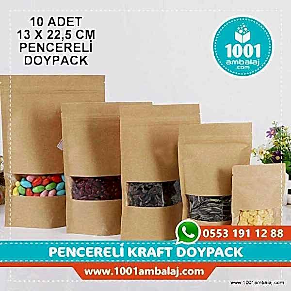 13X22,5 Cm Kraft Pencereli * 10 Adet * Kilitli Doypack Torba 250 Gr /39/