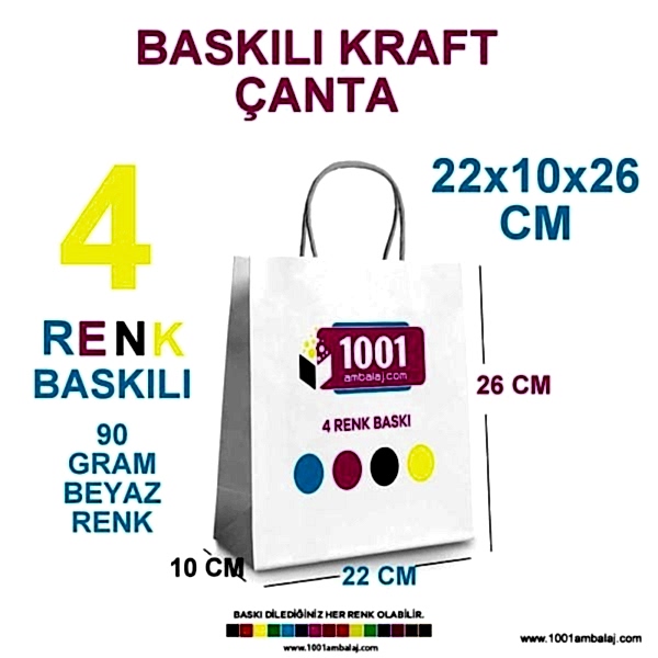 4 Renk Baskılı 22X10X26 Cm 90 Gr Kraft kağıt Çanta Beyaz Renk