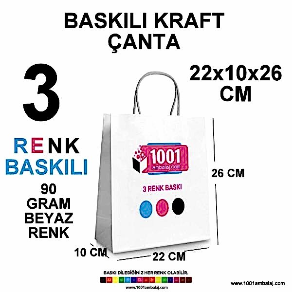 3 Renk Baskılı 22X10X26 Cm 90 Gr Kraft kağıt Çanta Beyaz Renk
