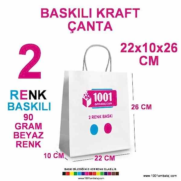 2 Renk Baskılı 22X10X26 Cm 90 Gr Kraft kağıt Çanta Beyaz Renk