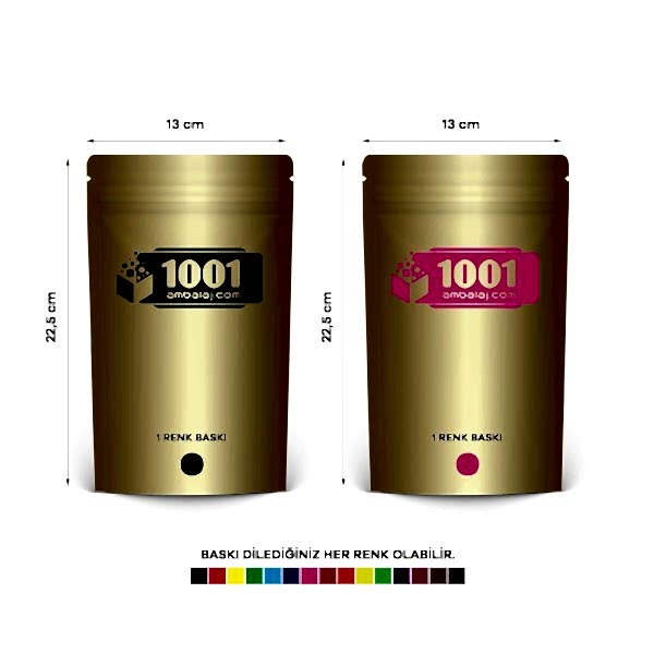 13X22,5 Cm 2 Baskılı Gold ( Altın ) Renkli İki Taraf Tek Renk Doypack Torba 250 Gr /22/