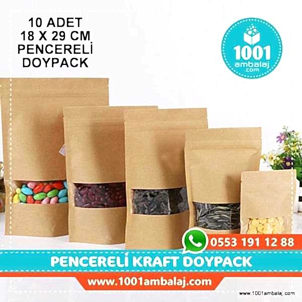 18X29 Cm Kraft Pencereli * 10 Adet * Kilitli Doypack Torba 750 Gr /41/