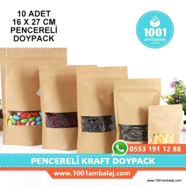 16X27 Cm Kraft Pencereli * 10 Adet * Kilitli Doypack Torba 500 Gr /40/