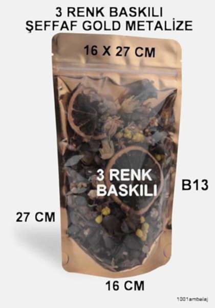 16X27 Cm 3 Baskılı Ön Şeffaf Arka Gold Metalize Renk Tek Taraf Üç Renk Doypack Torba 500 Gr /51/