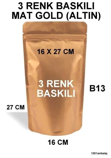 16X27 Cm 3 Baskılı Mat Gold ( Altın Renkli ) Tek Taraf Üç Renk Doypack Torba 500 Gr /27/