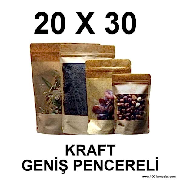 20X30 Cm Kraft Renk Doypack Torba Geniş Pencereli /47/