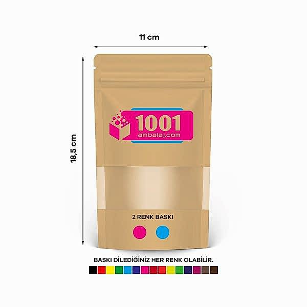 11X18,5 Cm 2 Baskılı Kraft Renkli Pencereli Tek Taraf İki Renk Doypack Torba 100 Gr /38/