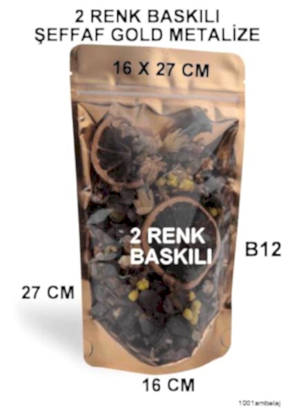 16X27 Cm 2 Baskılı Ön Şeffaf Arka Gold Metalize Renk Tek Taraf İki Renk Doypack Torba 500 Gr /51/