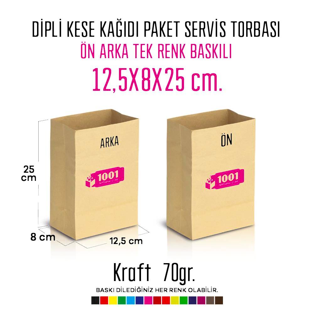 İki Taraf Tek Renk Baskılı 12,5X8X25 Cm Kese Kağıdı Fast Food Menu Servis Paket Torbası Kraft Renk
