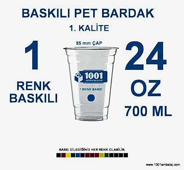 1 Renk Baskılı Pet Bardak 700 Ml 95 Çap Pet Bardak 24 Oz
