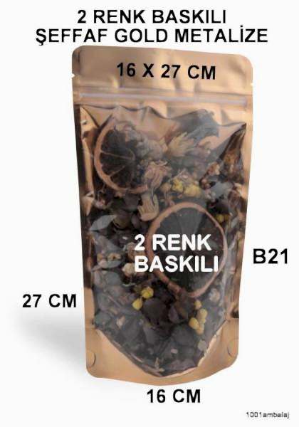 16X27 Cm 2 Baskılı Ön Şeffaf Arka Gold Metalize Renk İki Taraf Tek Renk Doypack Torba 500 Gr /51/