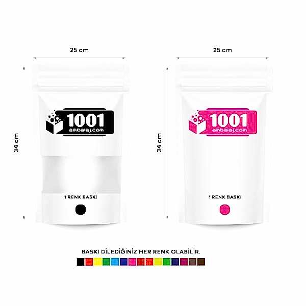 25X34 Cm 2 Baskılı Beyaz Renkli Pencereli İki Taraf Tek Renk Doypack Torba 1500 Gr /14/