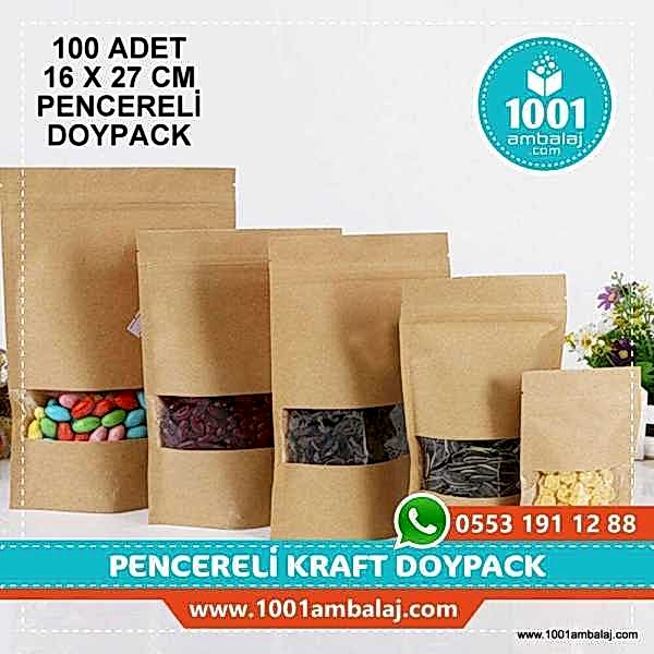 16X27 Cm Kraft Pencereli 100 Adet Kilitli Doypack Torba 500 Gr /40/