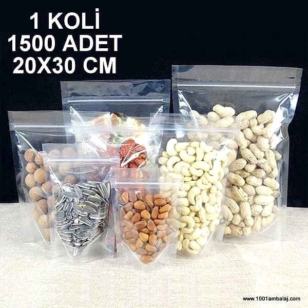20X30 Cm Şeffaf 1 Koli 1500 Adet Kilitli Doypack Torba 1000 Gr /75/