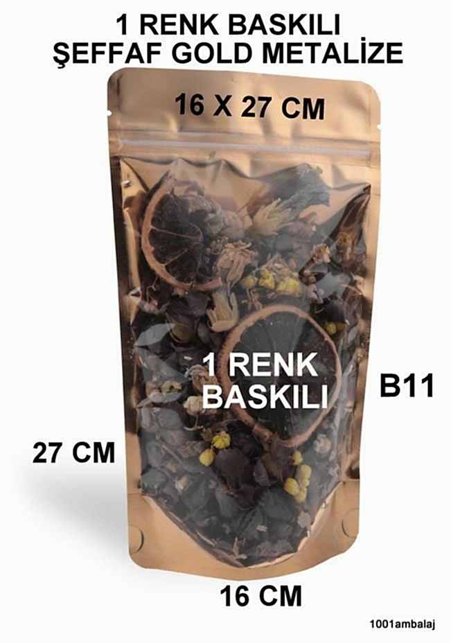 16X27 Cm 1 Baskılı Ön Şeffaf Arka Gold Metalize Renk Tek Taraf Tek Renk Doypack Torba 500 Gr /51/
