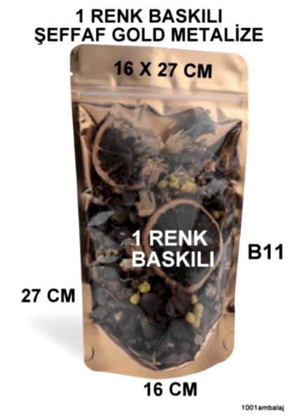 16X27 Cm 1 Baskılı Ön Şeffaf Arka Gold Metalize Renk Tek Taraf Tek Renk Doypack Torba 500 Gr /51/