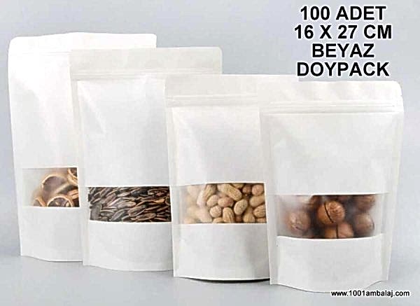 16X27 Cm Beyaz Pencereli 100 Adet Kilitli Doypack Torba 500 Gr /11/