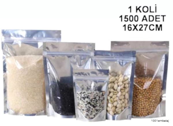 16X27 Cm Ön Şeffaf Arka Metalize 1 Koli 1500 Adet Kilitli Doypack Torba 500 Gr /58/