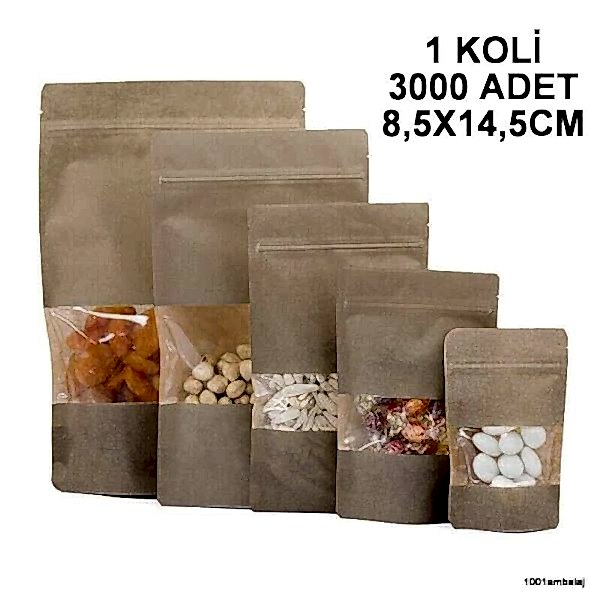 8,5X14,5 Cm Kraft Pencereli 1 Koli 3000 Adet Kilitli Doypack Torba 50 Gr /37/