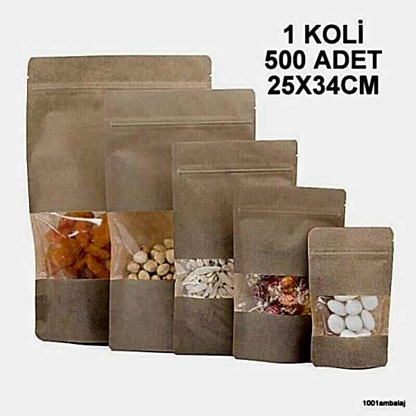 25X34 Cm Kraft Pencereli 1 Koli 500 Adet Kilitli Doypack Torba 1500 Gr /43/