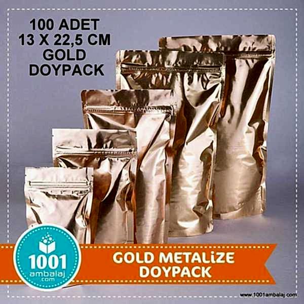 13X22,5 Cm Gold ( Altın ) 100 Adet Kilitli Doypack Torba 250 Gr /22/