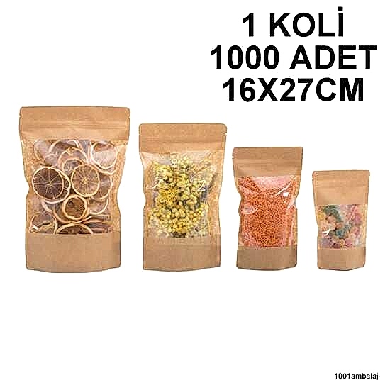 16X27 Cm Kraft Geniş Pencereli 1 Koli 1000 Adet Kilitli Doypack Torba 500 Gr /46/