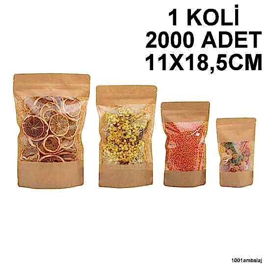 11X18,5 Cm Kraft Geniş Pencereli 1 Koli 2000 Adet Kilitli Doypack Torba 100 Gr /44/