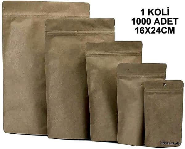 16X24 Cm Kraft 1 Koli 1000 Adet Kilitli Doypack Torba 370 Gr /32/