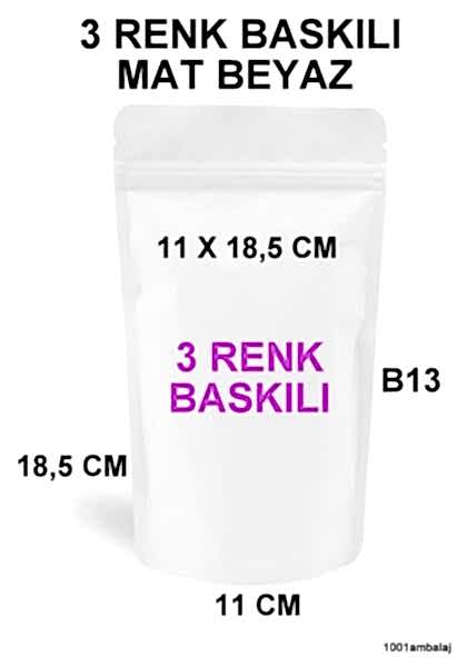 11X18,5 Cm 3 Baskılı Mat Beyaz Renkli Tek Taraf Üç Renk Doypack Torba 100 Gr /16/