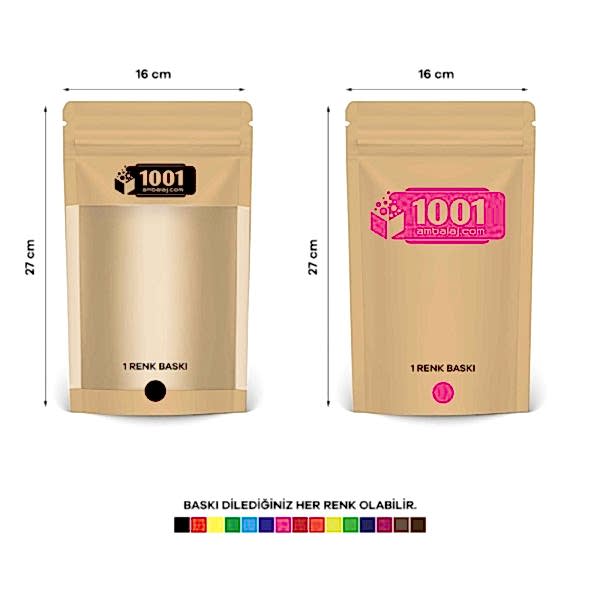 16X27 Cm 2 Baskılı Kraft Renkli Geniş Pencereli İki Taraf Tek Renk Doypack Torba 500 Gr /46/