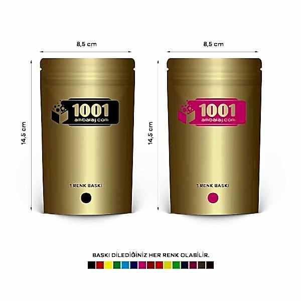 8,5X14,5 Cm 2 Baskılı Gold ( Altın ) Renkli İki Taraf Tek Renk Doypack Torba 50 Gr /20/