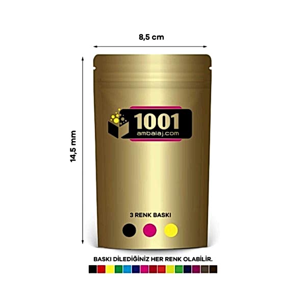 8,5X14,5 Cm 3 Baskılı Gold ( Altın ) Renkli Tek Taraf Üç Renk Doypack Torba 50 Gr /20/