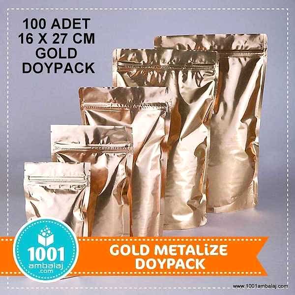 16X27 Cm Gold ( Altın ) 100 Adet Kilitli Doypack Torba 500 Gr /23/