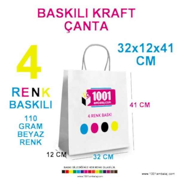 4 Renk Baskılı 32X12X41 Cm 110 Gr Kraft kağıt Çanta Beyaz Renk
