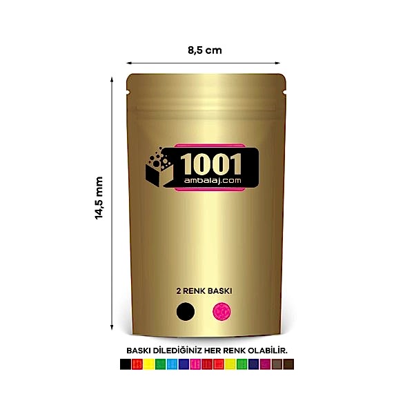 8,5X14,5 Cm 2 Baskılı Gold ( Altın ) Renkli Tek Taraf İki Renk Doypack Torba 50 Gr /20/