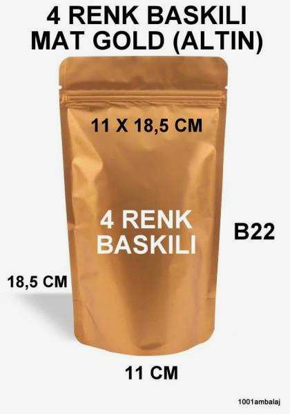 11X18,5 Cm 4 Baskılı Mat Gold ( Altın Renkli ) İki Taraf İki Renk Doypack Torba 100 Gr /25/