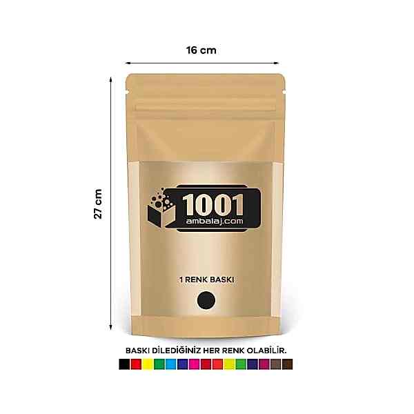 16X27 Cm 1 Baskılı Kraft Renkli Geniş Pencereli Tek Taraf Tek Renk Doypack Torba 500 Gr /46/