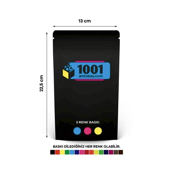 13X22,5 Cm 3 Baskılı Mat Siyah Renkli Tek Taraf Üç Renk Doypack Torba 250 Gr /67/