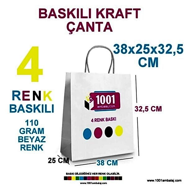4 Renk Baskılı 38X25X32,5 Cm 110 Gr Kraft kağıt Çanta Beyaz Renk