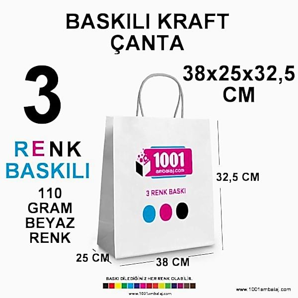 3 Renk Baskılı 38X25X32,5 Cm 110 Gr Kraft kağıt Çanta Beyaz Renk