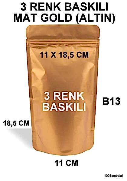 11X18,5 Cm 3 Baskılı Mat Gold ( Altın Renkli ) Tek Taraf Üç Renk Doypack Torba 100 Gr /25/
