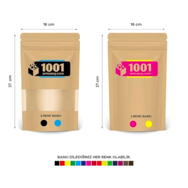 16X27 Cm 4 Baskılı Kraft Renkli Pencereli İki Taraf İki Renk Doypack Torba 500 Gr /40/