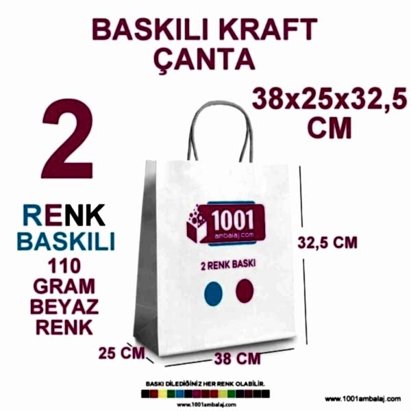 2 Renk Baskılı 38X25X32,5 Cm 110 Gr Kraft kağıt Çanta Beyaz Renk