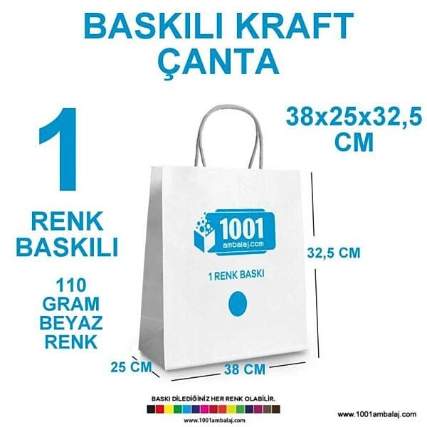 1 Renk Baskılı 38X25X32,5 Cm 110 Gr Kraft kağıt Çanta Beyaz Renk