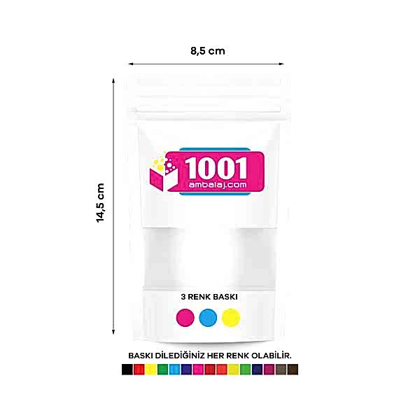 8,5X14,5 Cm 3 Baskılı Beyaz Renk Pencereli Tek Taraf Üç Renk Doypack Torba 50 Gr /08/