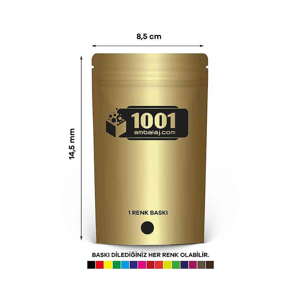 8,5X14,5 Cm 1 Baskılı Gold ( Altın ) Renkli Tek Taraf Tek Renk Doypack Torba 50 Gr /20/