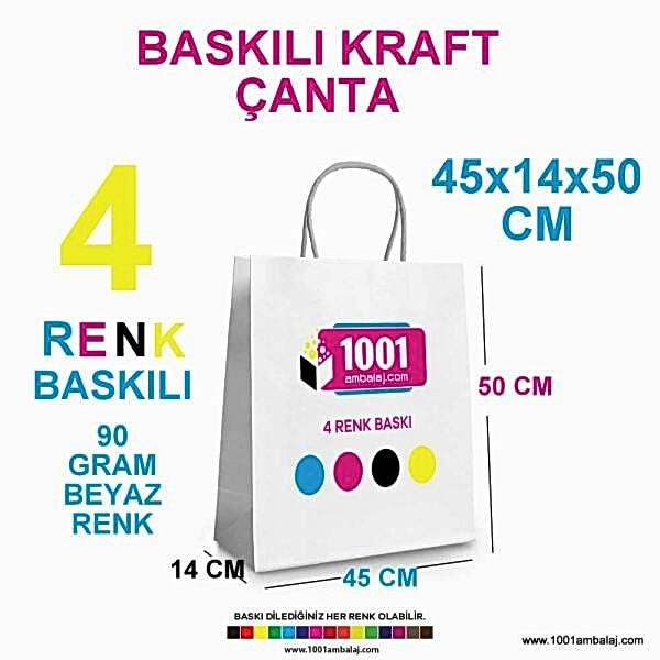 4 Renk Baskılı 45X14X50 Cm 90 Gr Kraft kağıt Çanta Beyaz Renk