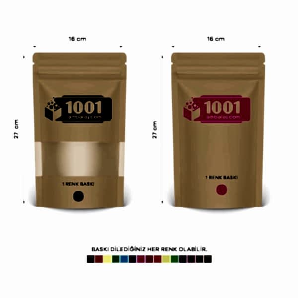 16X27 Cm 2 Baskılı Kraft Renkli Pencereli İki Taraf Tek Renk Doypack Torba 500 Gr /40/